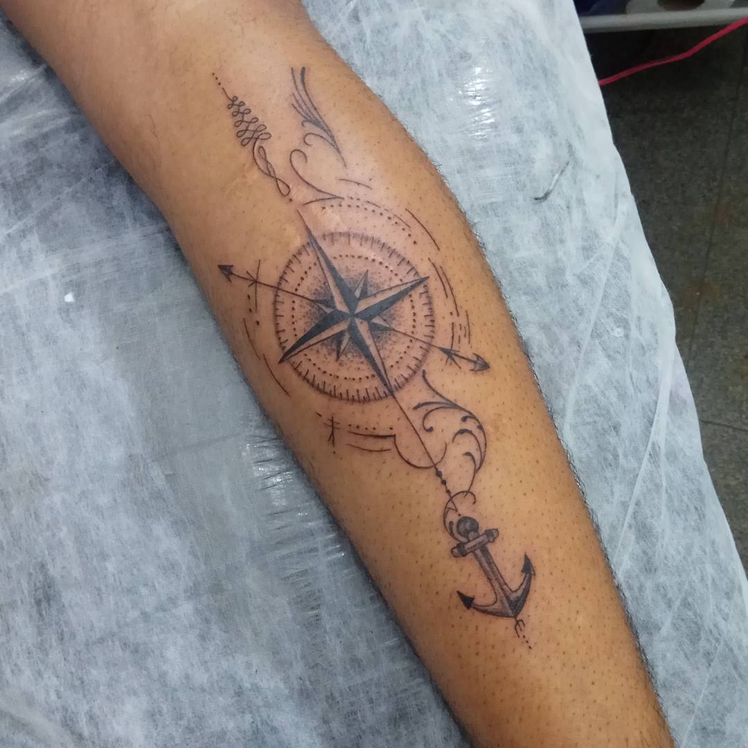 戈先生小臂指南针船舵纹身图案
