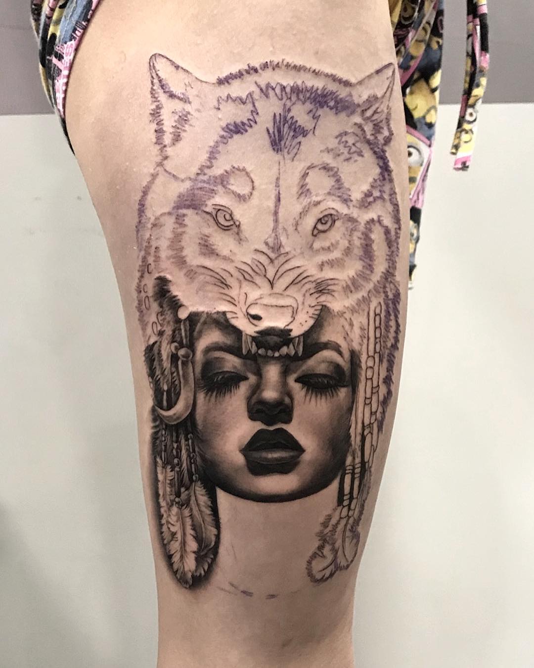 程小姐大腿写实美女狼纹身图案